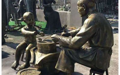 民俗景區(qū)擺放母子磨豆?jié){玻璃鋼仿銅雕塑