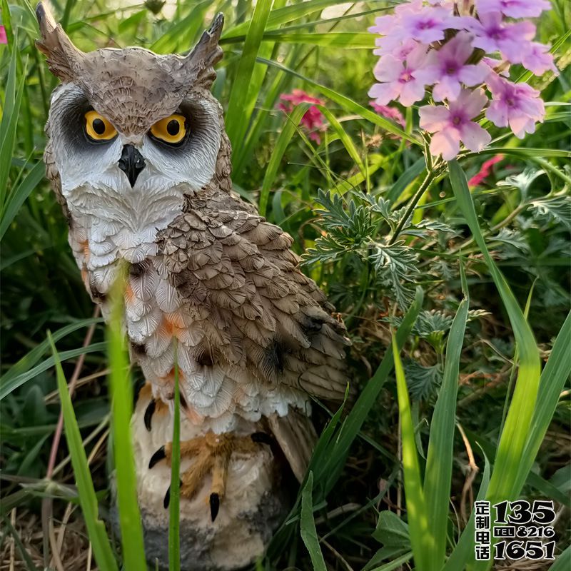 公園草叢中一只玻璃鋼仿真動物貓頭鷹雕塑 公園草叢中一只玻璃鋼仿真動物貓頭鷹雕塑
