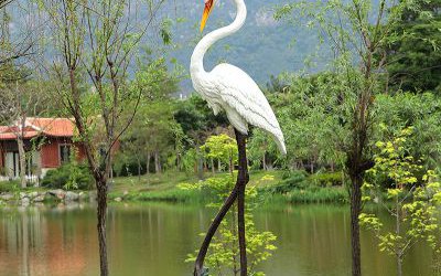池塘草坪創(chuàng)意大長腿玻璃鋼仿真動(dòng)物丹頂鶴雕塑